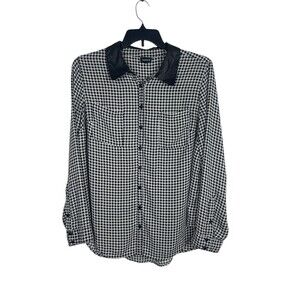 Torrid Black White Houndstooth Button Up 2x Top Faux Leather Collar Office